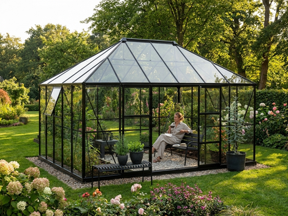 Elegant black glass gazebo with aluminium frame for outdoor use - product detail