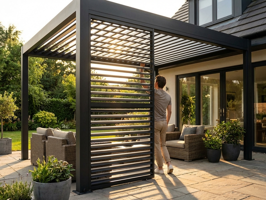 Aluminium louvre wall in black, designed for pergola accessory use - product detail