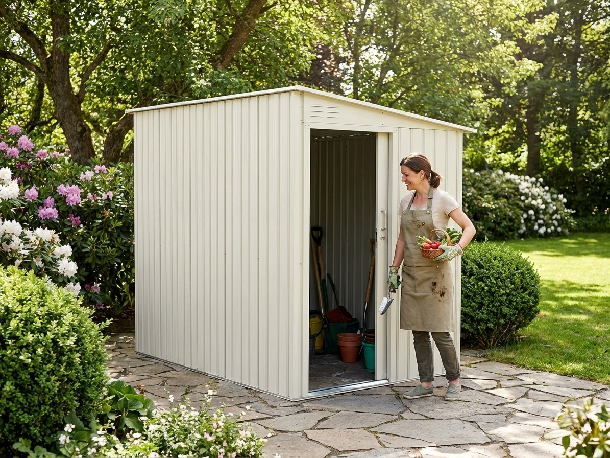 Cream garden shed made from galvanised steel for outdoor storage - product detail