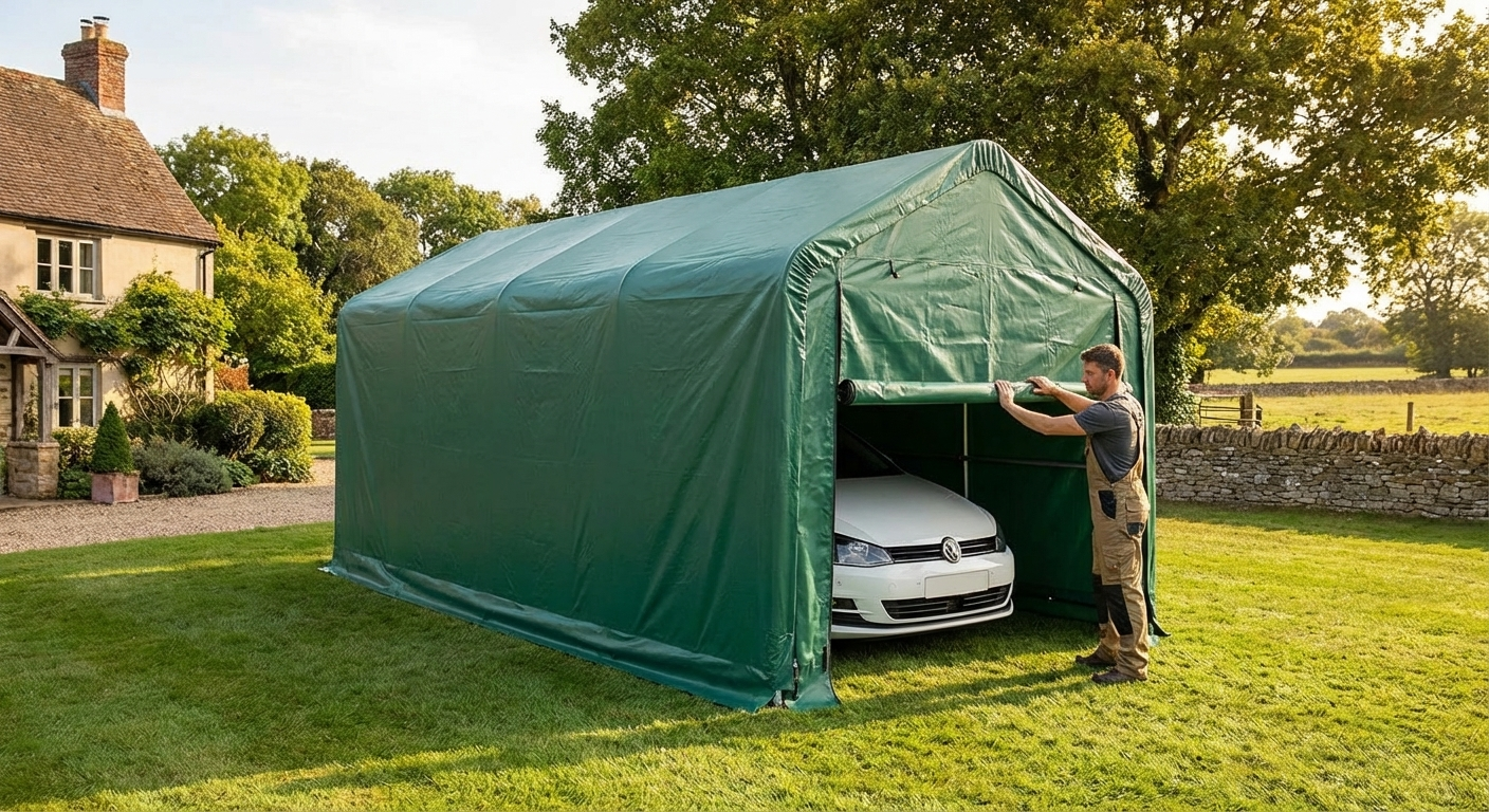 Portable Garage PRO in green, made from PVC and steel for industrial use - view 3