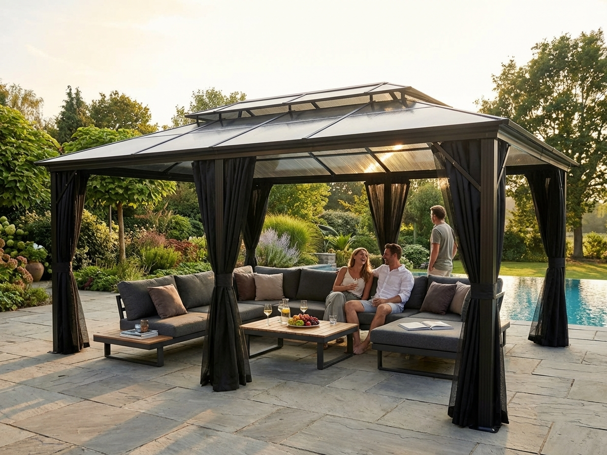 Elegant black gazebo with curtains and mosquito net - view 3