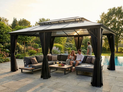 Elegant black gazebo with curtains and mosquito net - view 3