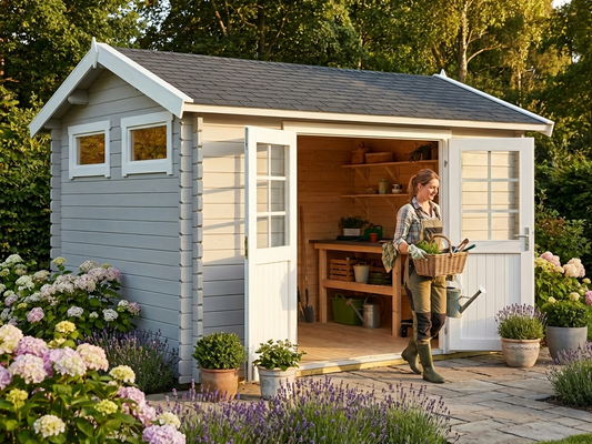 Light grey wooden garden shed made from Nordic spruce