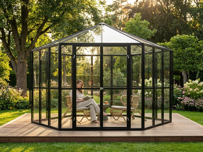 Hexagonal glass orangery with black frame - product detail