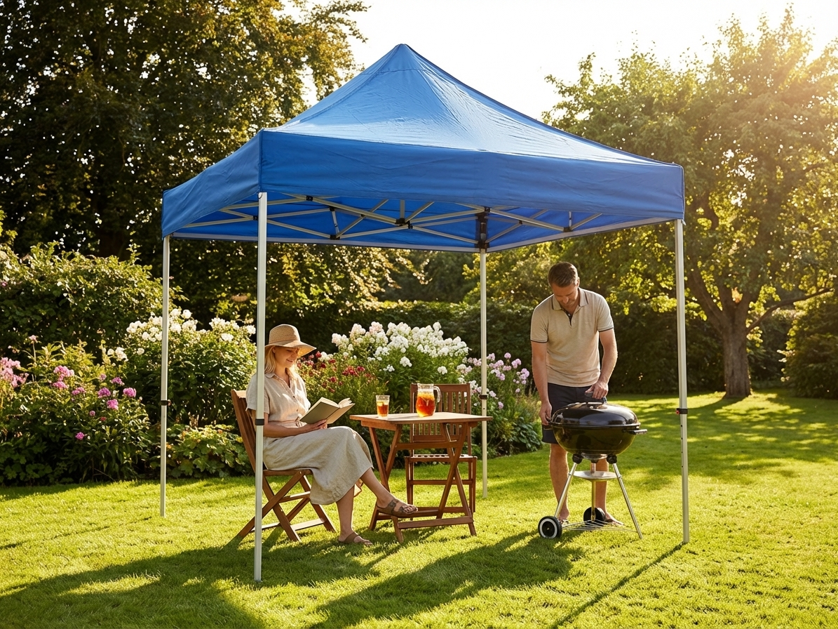 Blue pop-up gazebo 2x2m with painted steel frame for outdoor use