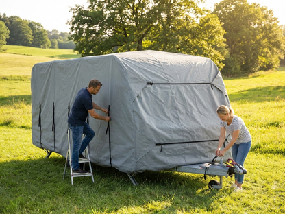 Grey caravan cover 6.4x2.5x2.25 m, outdoor protection