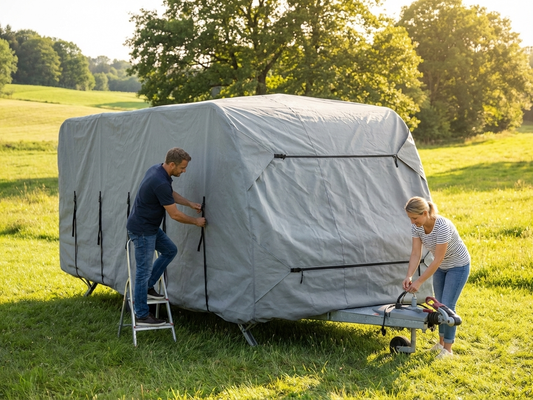 Grey caravan cover 6.4x2.5x2.25 m, outdoor protection