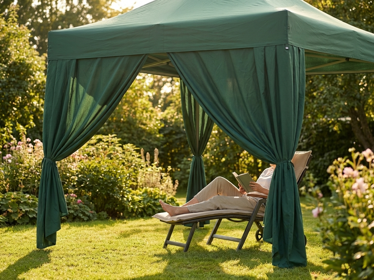 Green tent curtains made of polyester with PVC backing for outdoor use