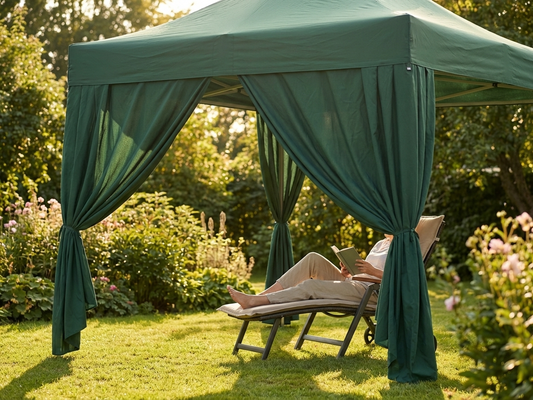 Green tent curtains made of polyester with PVC backing for outdoor use