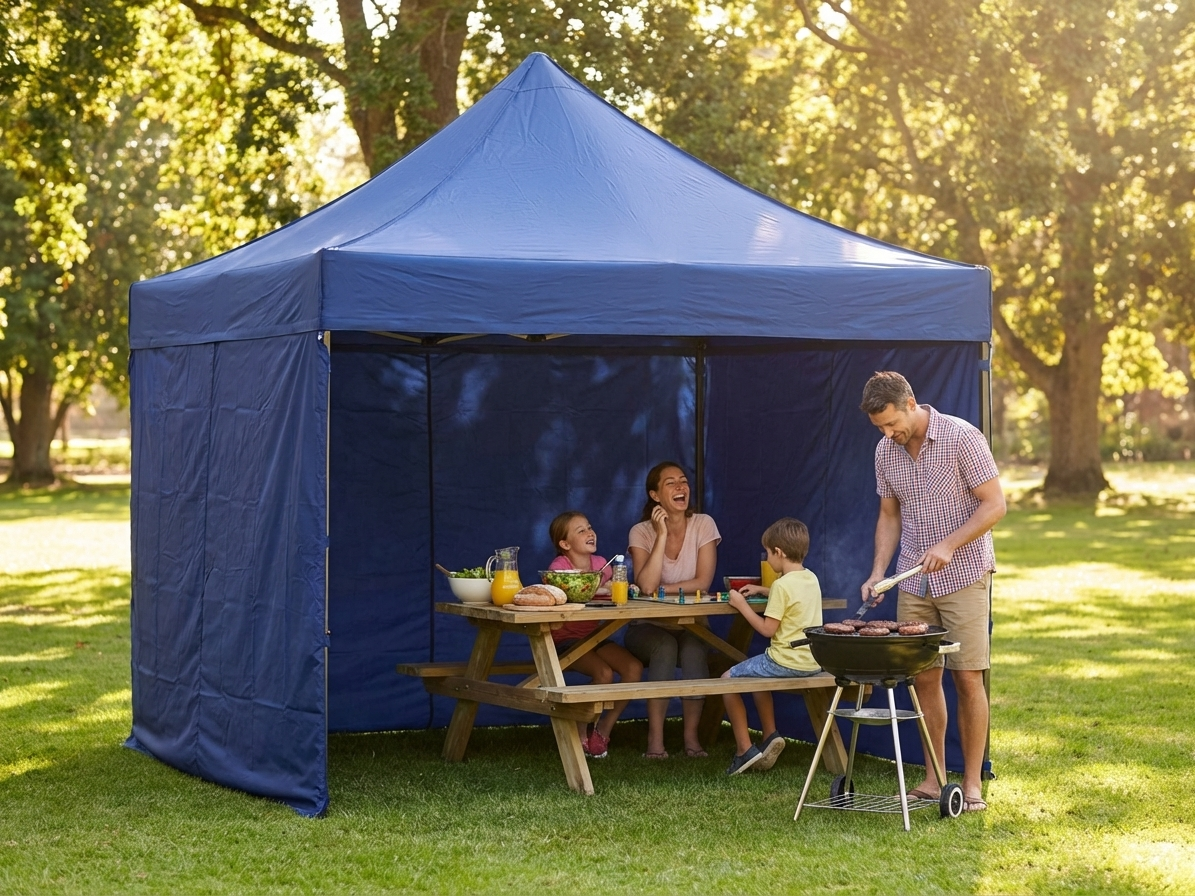 Pop up gazebo in dark blue with aluminium frame and sidewalls