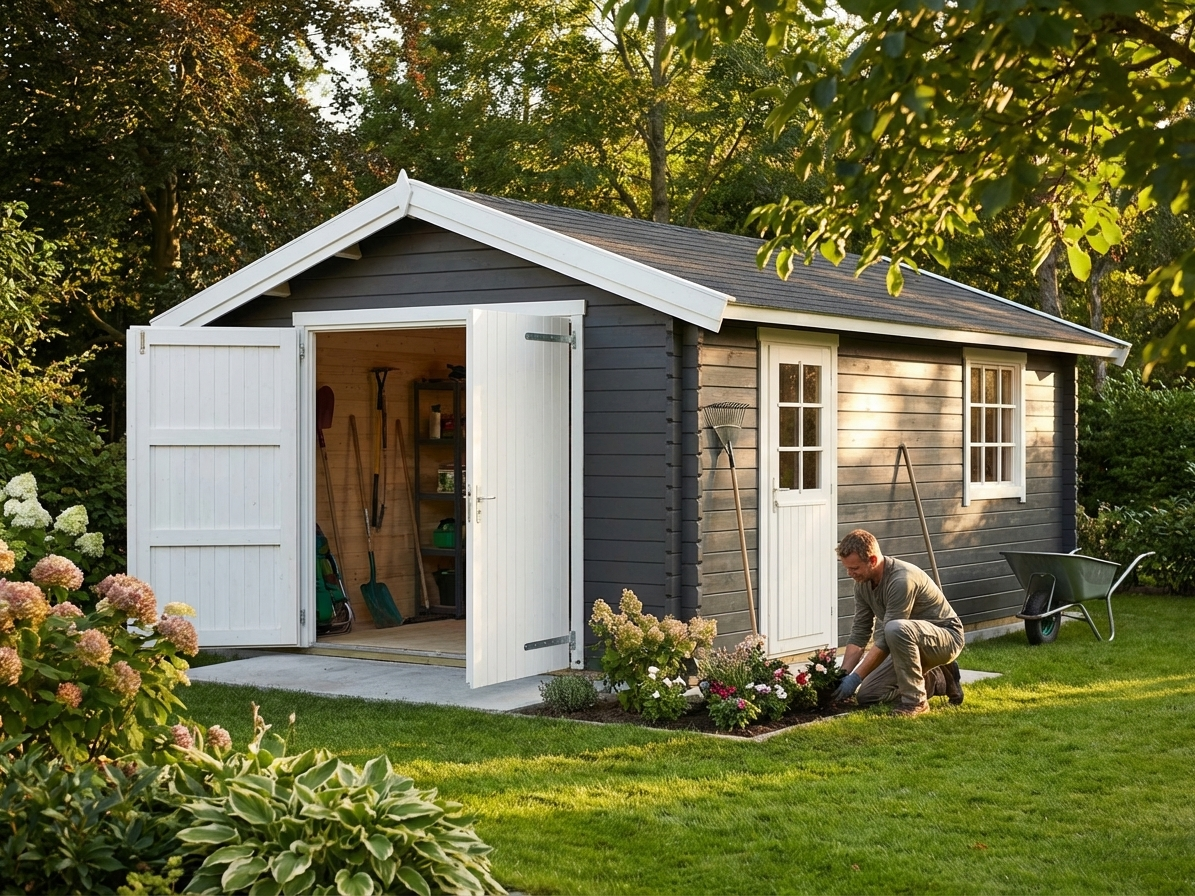 Wooden garage in dark grey with Nordic Spruce material - product detail