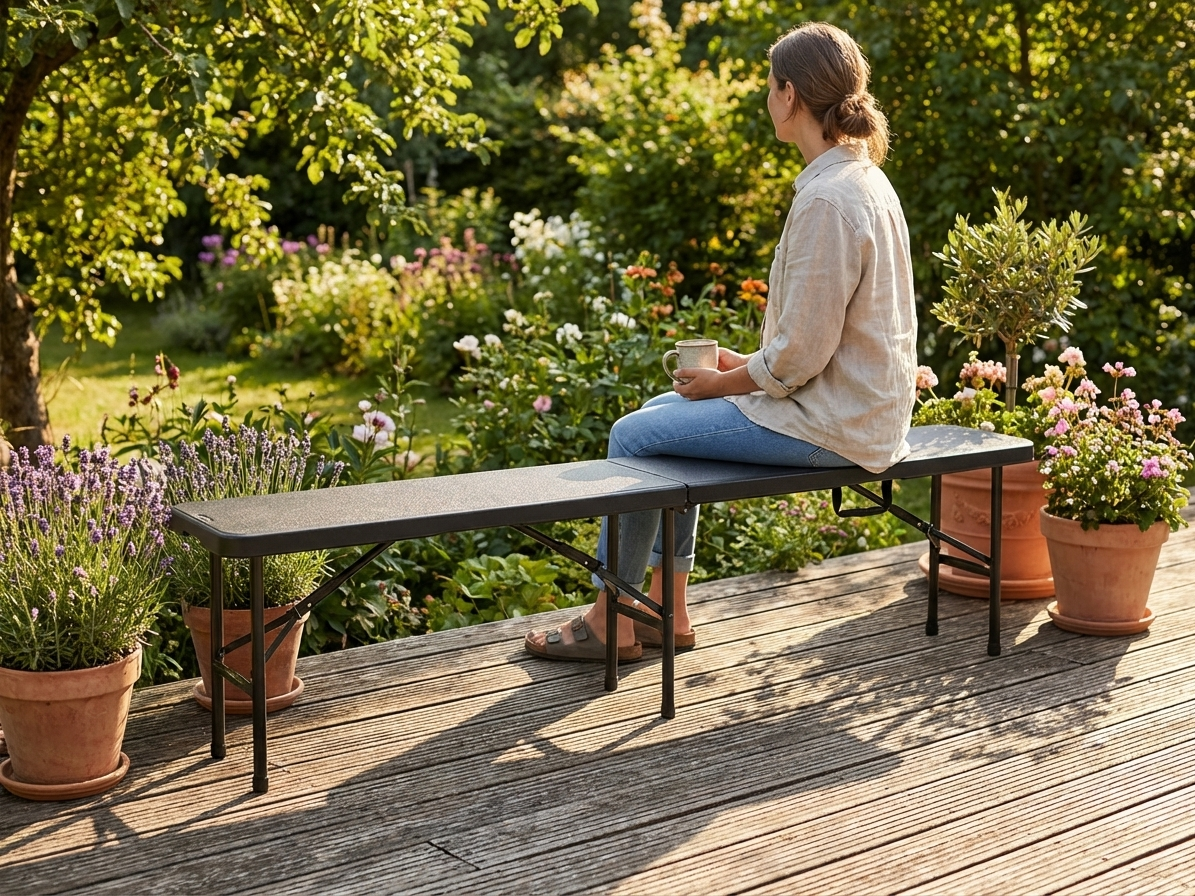 Folding bench in black color made from HDPE and steel, size 183x30x43 cm