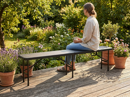 Folding bench in black color made from HDPE and steel, size 183x30x43 cm