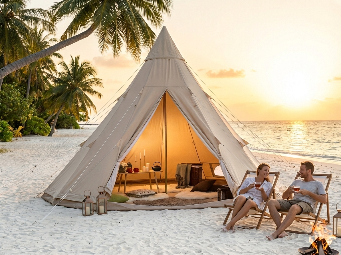Luxury glamping tent in sand colour, 5x5 meters, cotton canvas material