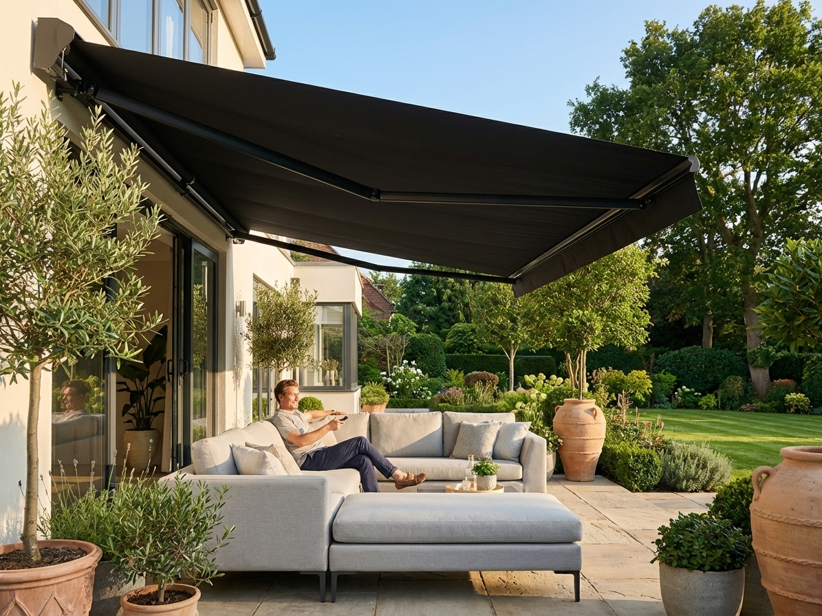 Black awning with remote control for outdoor use - view 3
