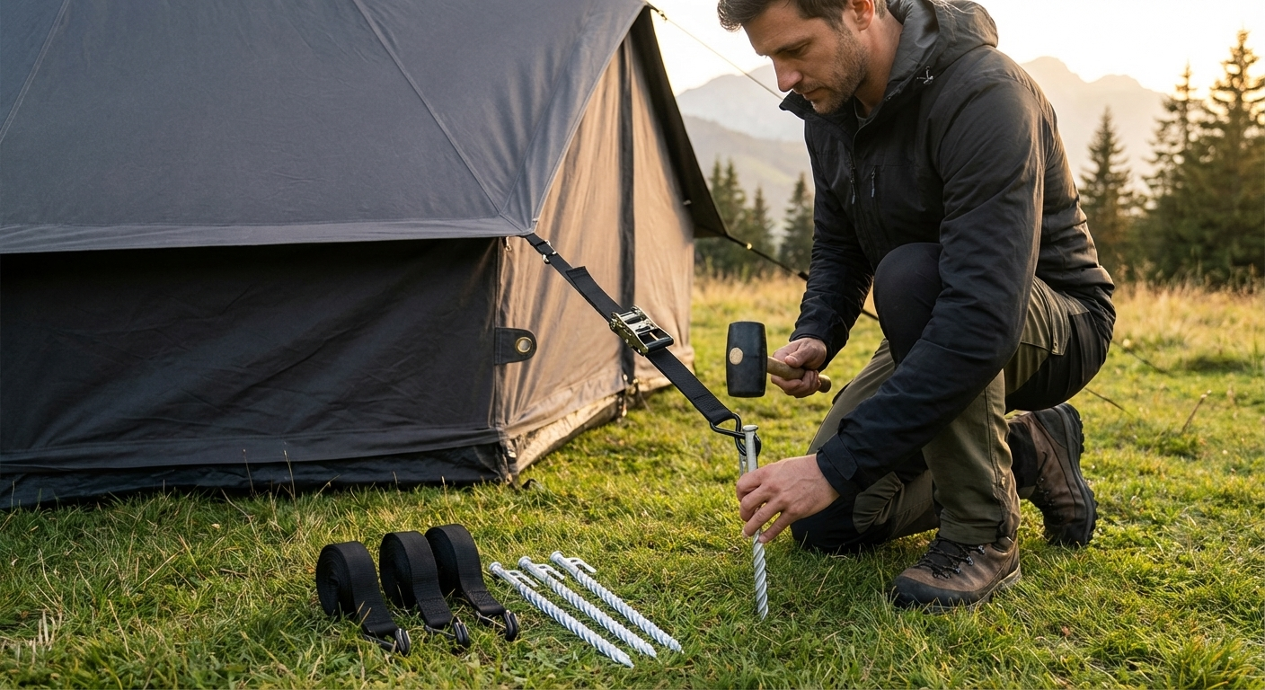 High-strength steel storm pegs and straps for outdoor events
