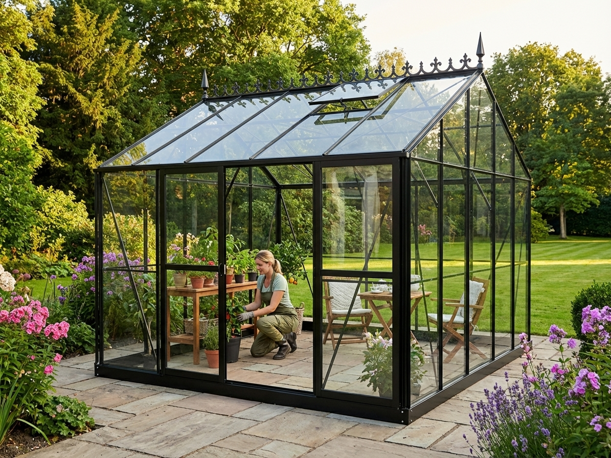 Glass greenhouse with black aluminium frame for outdoor use - view 3