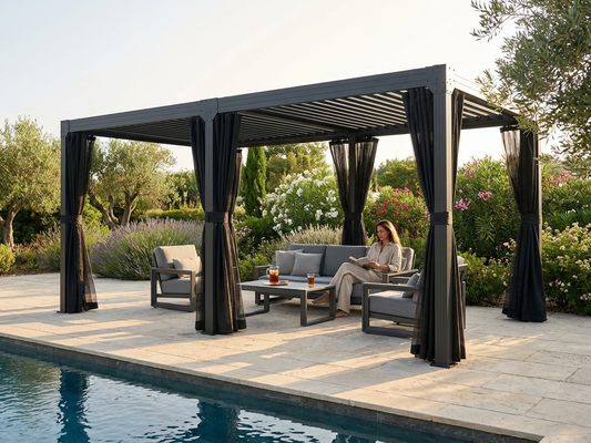 Bioclimatic pergola gazebo in black, 3x6m size
