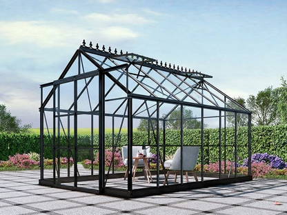 Black greenhouse with glass panels and aluminium frame - product detail