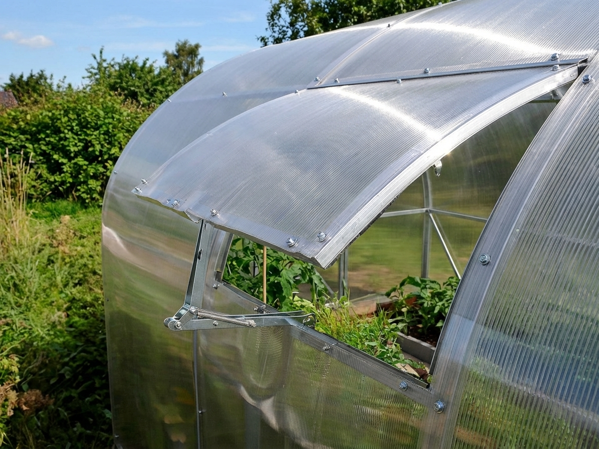 Silver greenhouse ventilation window with automatic opener