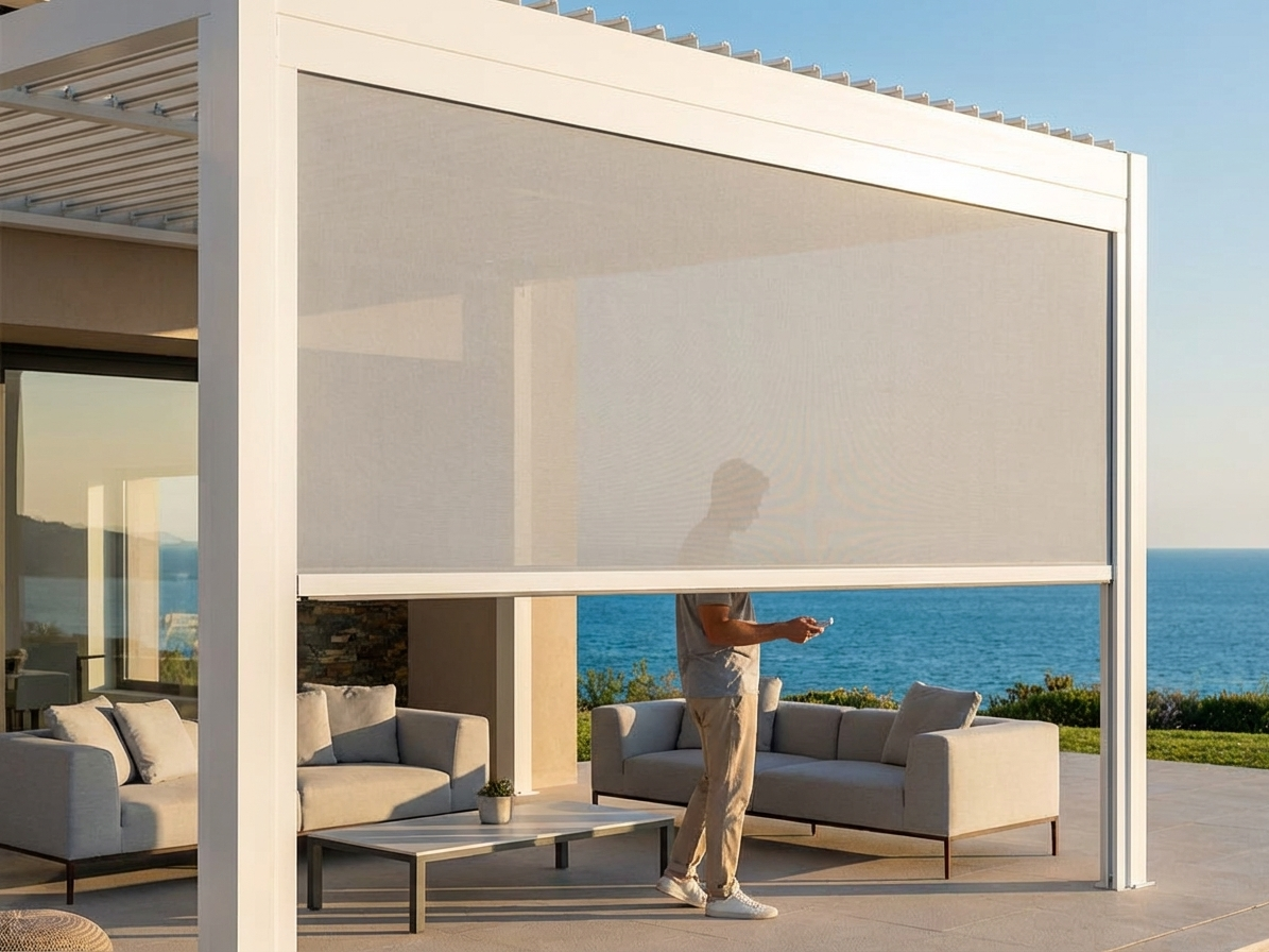 Electric sidewall screen in white/light grey for pergola gazebo