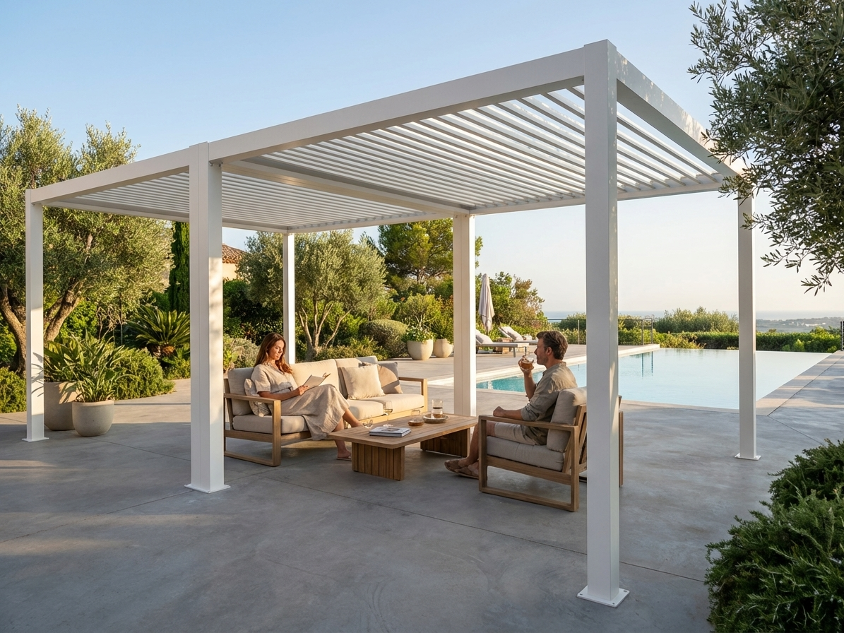 Bioclimatic pergola gazebo in white, aluminium construction, 4x4m