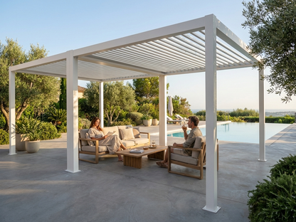 Bioclimatic pergola gazebo in white, aluminium construction, 4x4m