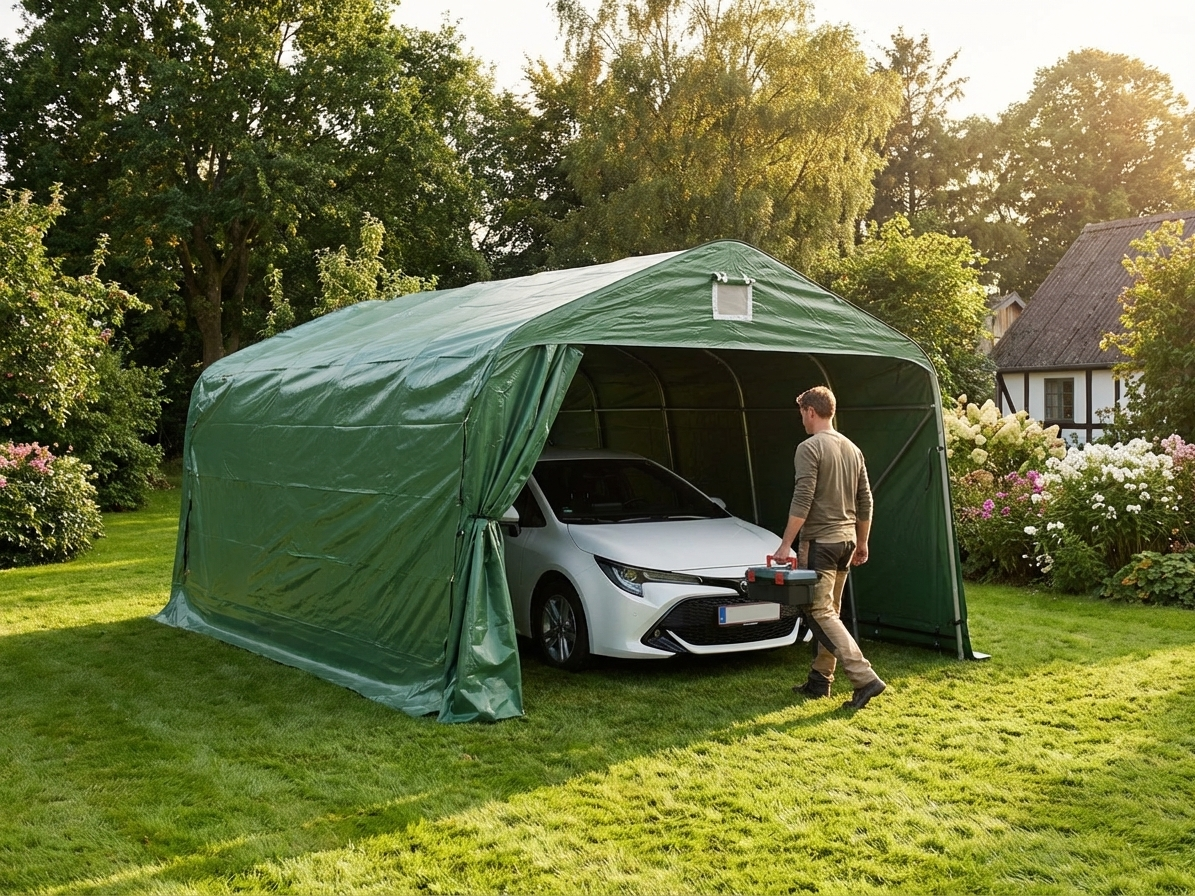 Portable garage in green PVC with steel frame for outdoor storage - product detail