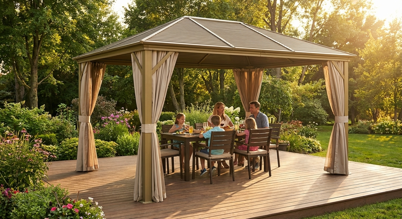 Elegant brass gazebo with curtains and mosquito net