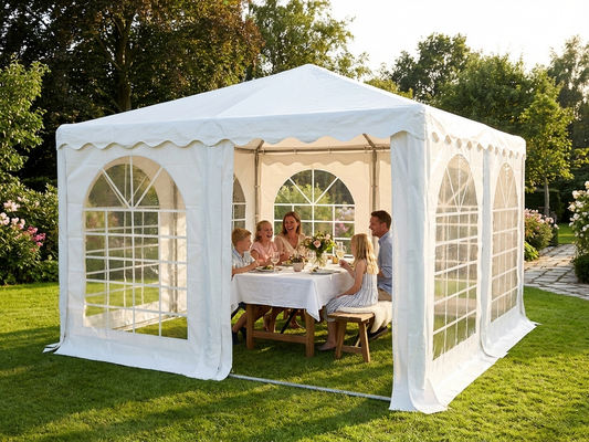 White 4x4 m pagoda marquee made of PVC and steel for outdoor events