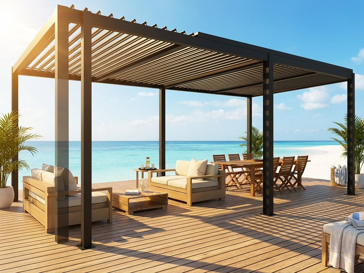 Black bioclimatic pergola gazebo in aluminium, ideal for outdoor spaces - product detail