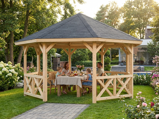 Natural wooden gazebo, 4.65x4.65 metres, outdoor shelter