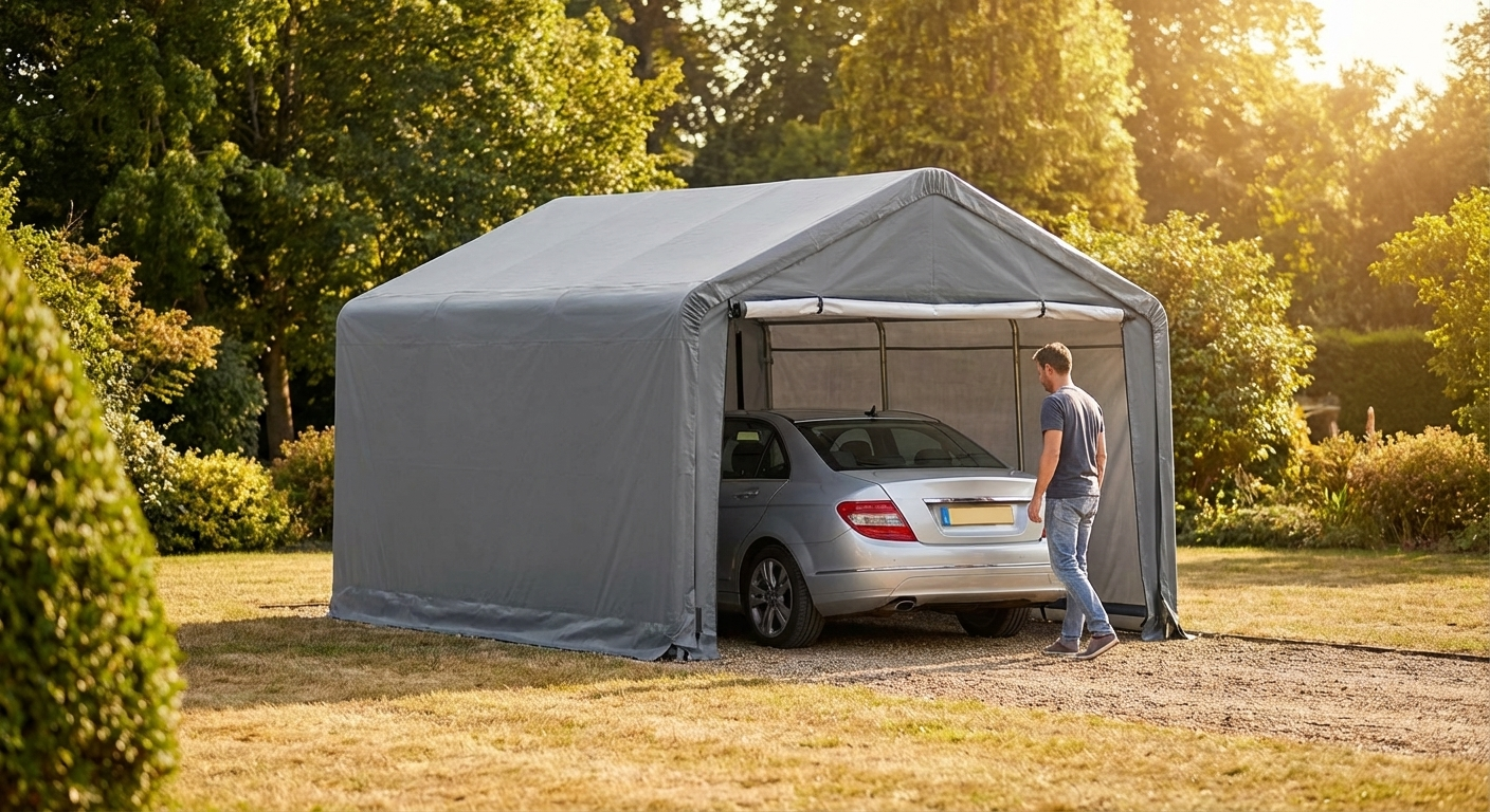 Portable grey garage made from PE tarpaulin and steel, perfect for outdoor storage - view 3