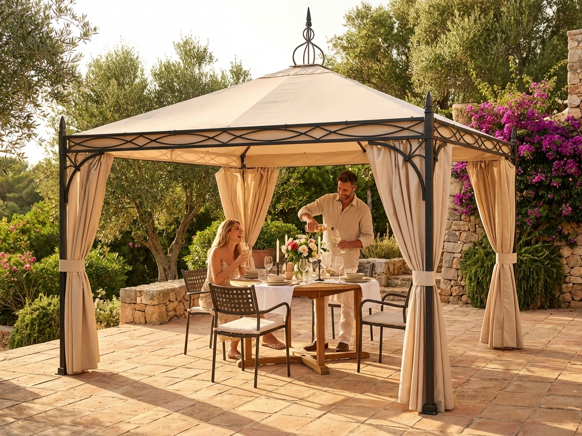 Champagne coloured 4x4 m gazebo with PVC and steel construction - view 3