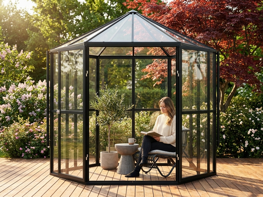 Hexagonal glass orangery with black aluminium frame - product detail