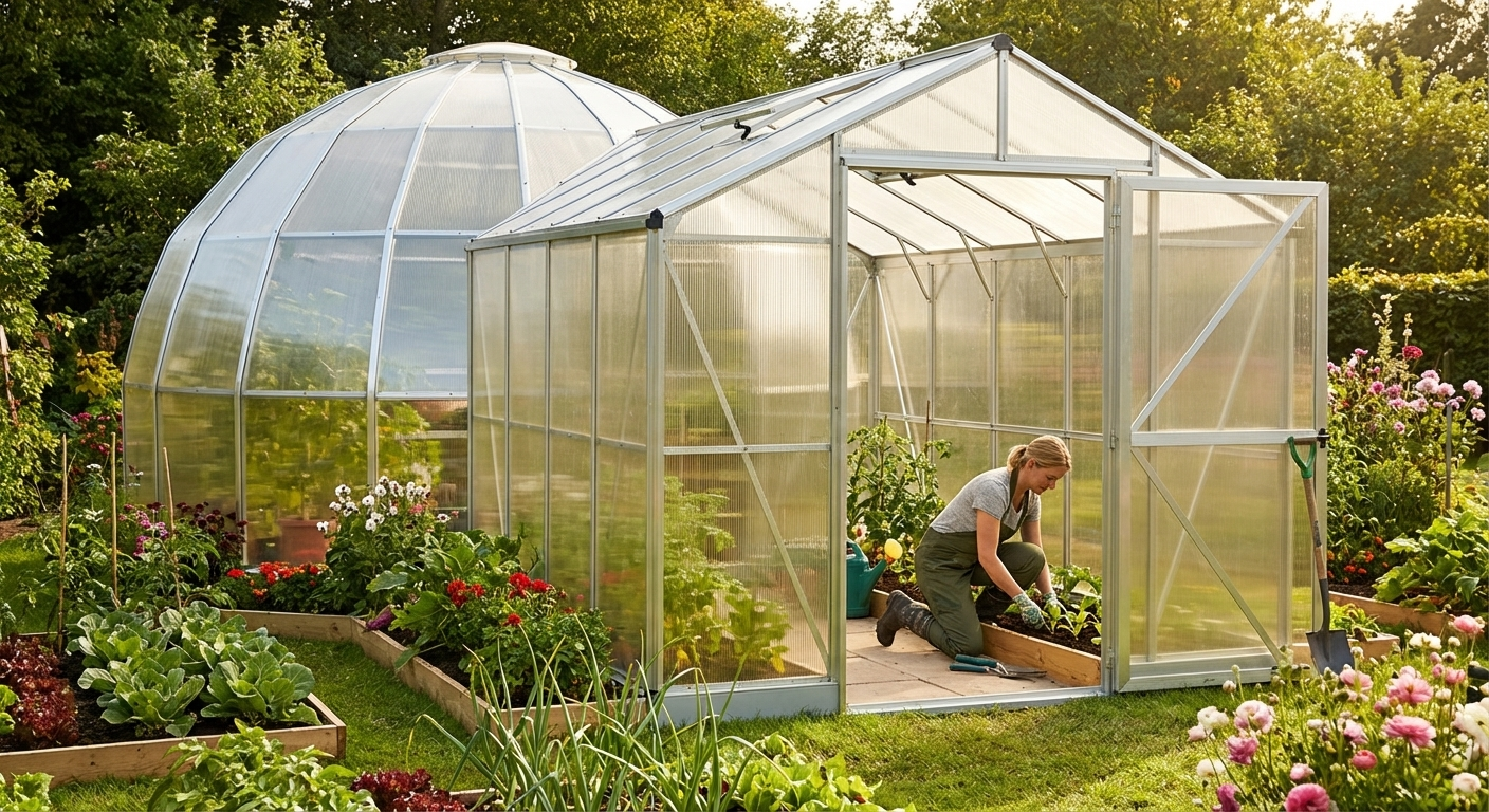 Greenhouse extension in silver with polycarbonate and steel frame