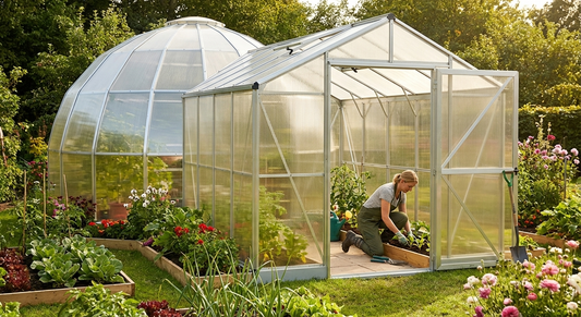 Greenhouse extension in silver with polycarbonate and steel frame