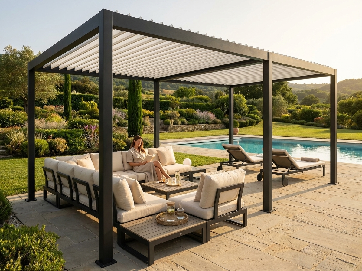 Bioclimatic pergola gazebo in black and white, outdoor aluminium structure - view 3