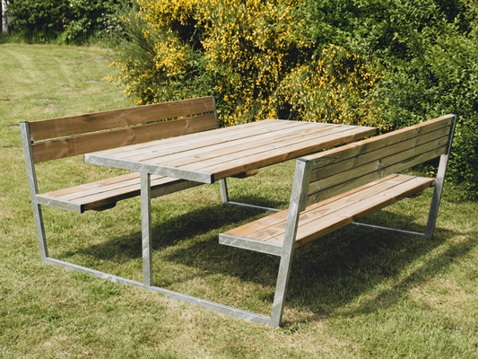 Wood picnic table with light wood finish and steel frame