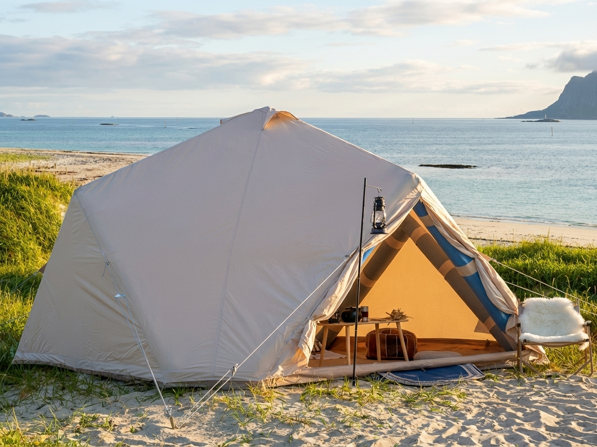 Inflatable glamping tent in sand colour, ideal for outdoor camping - product detail