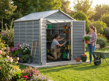 Polycarbonate garden shed in grey with aluminium frame for outdoor storage - view 3