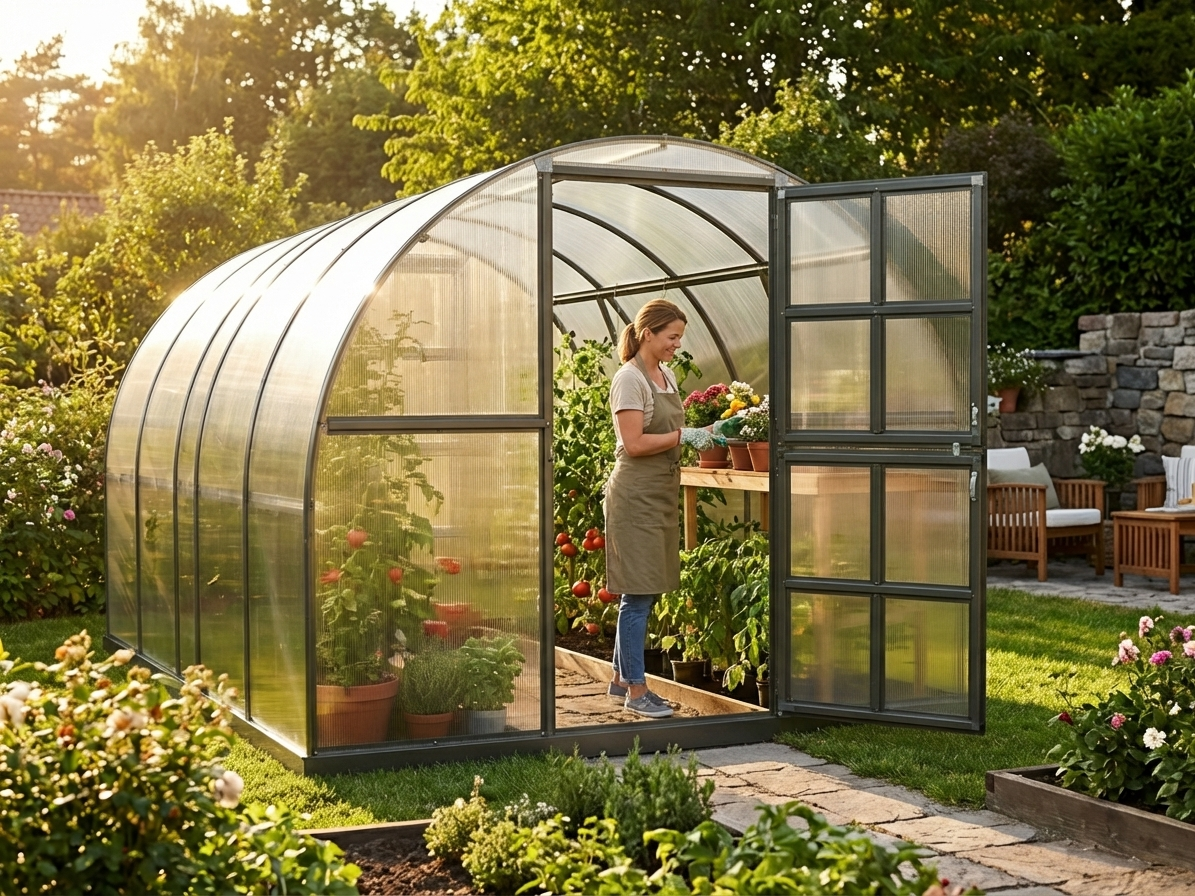 Silver polycarbonate greenhouse with galvanised steel frame