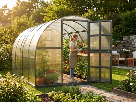 Silver polycarbonate greenhouse with galvanised steel frame