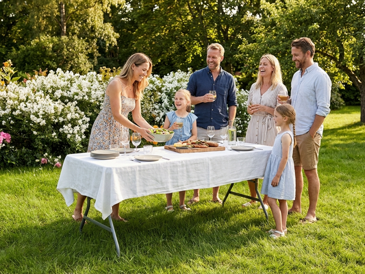 Light grey banquet table with steel frame for indoor and outdoor events
