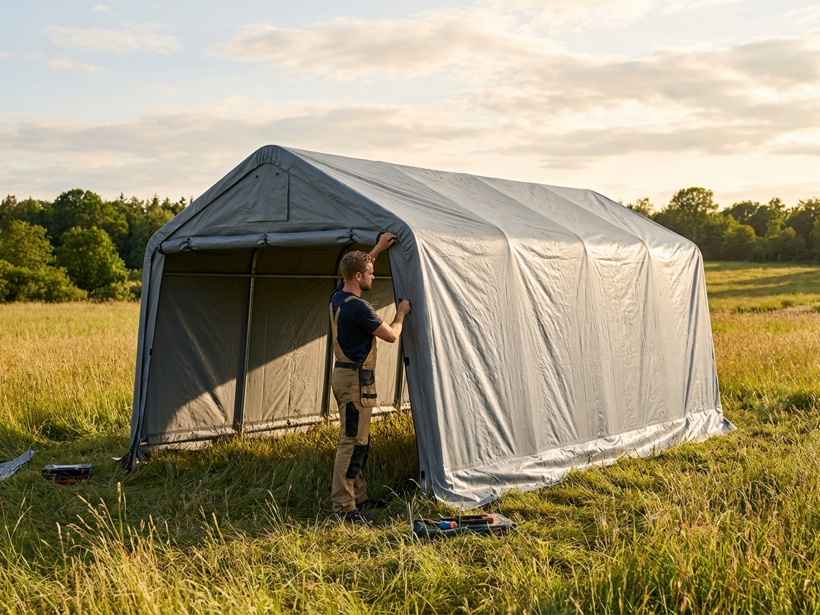 Portable garage roof cover in grey, size 3.6x4.8m, made from strong polyethylene tarpaulin