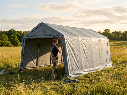 Portable garage roof cover in grey, size 3.6x4.8m, made from strong polyethylene tarpaulin