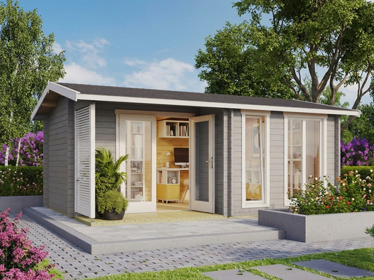 Wooden garden cabin in light grey made from Nordic Spruce