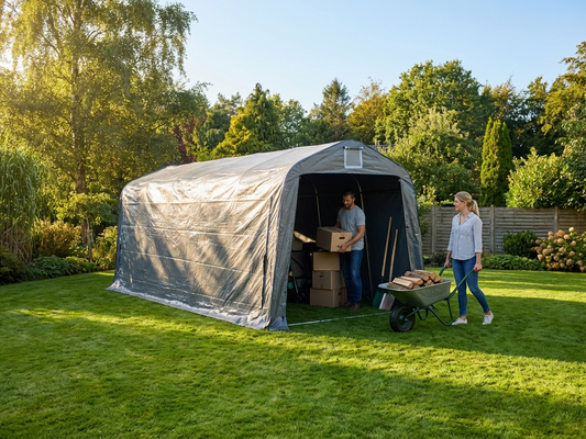 Grey PVC storage tent with steel frame for outdoor use