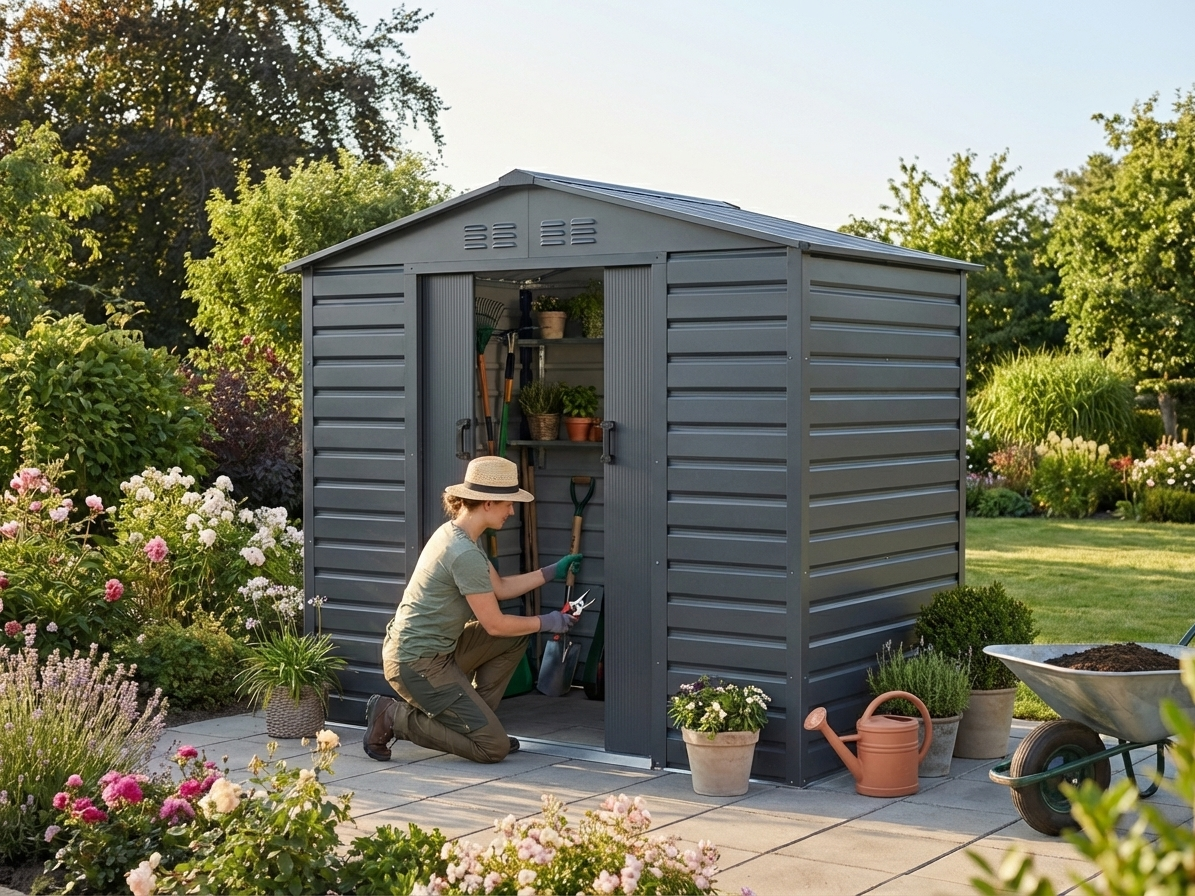 Zinc coated steel garden shed in anthracite, outdoor storage - product detail