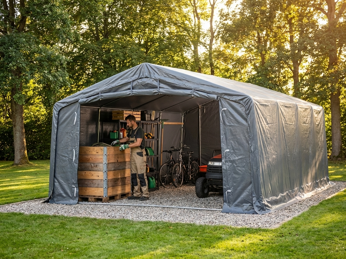 Grey PVC storage shelter with galvanised steel frame - view 3